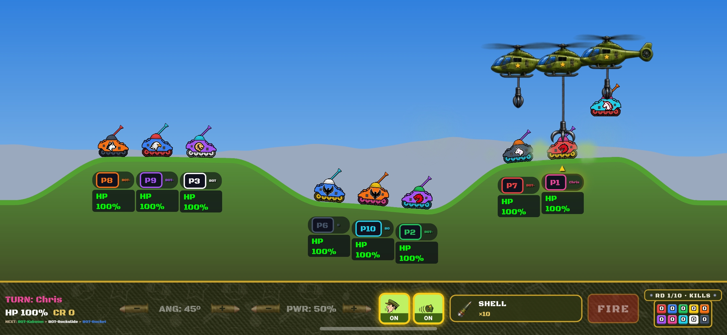 Ten tanks across a hilly battlefield while helicopters lift one tank