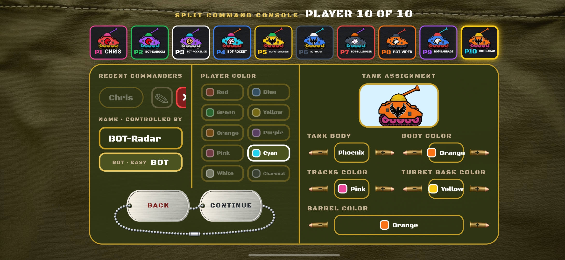 Commander selection with colorful tanks and tank customization controls