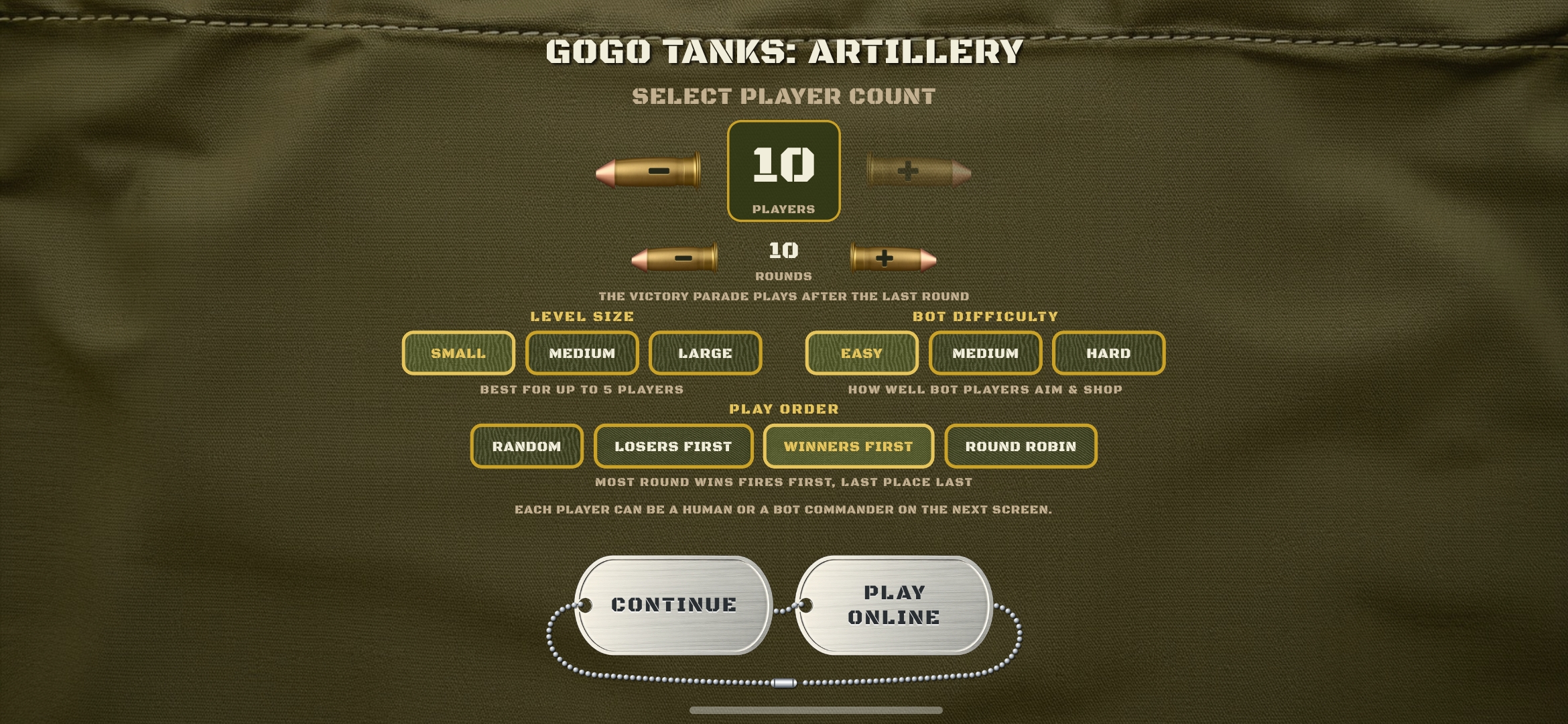 Match setup showing player count, rounds, level size, and bot difficulty
