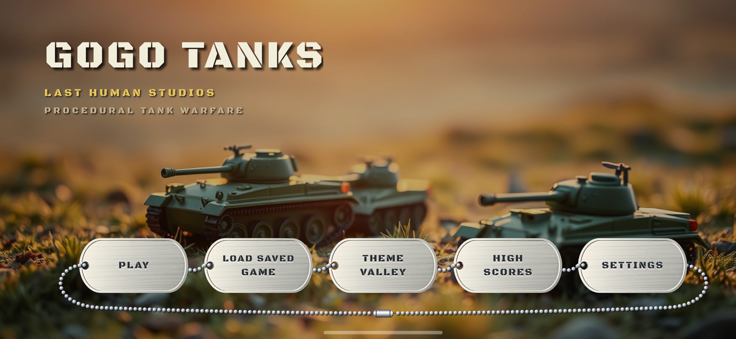 GoGo Tanks main menu over a sunset scene with three tanks