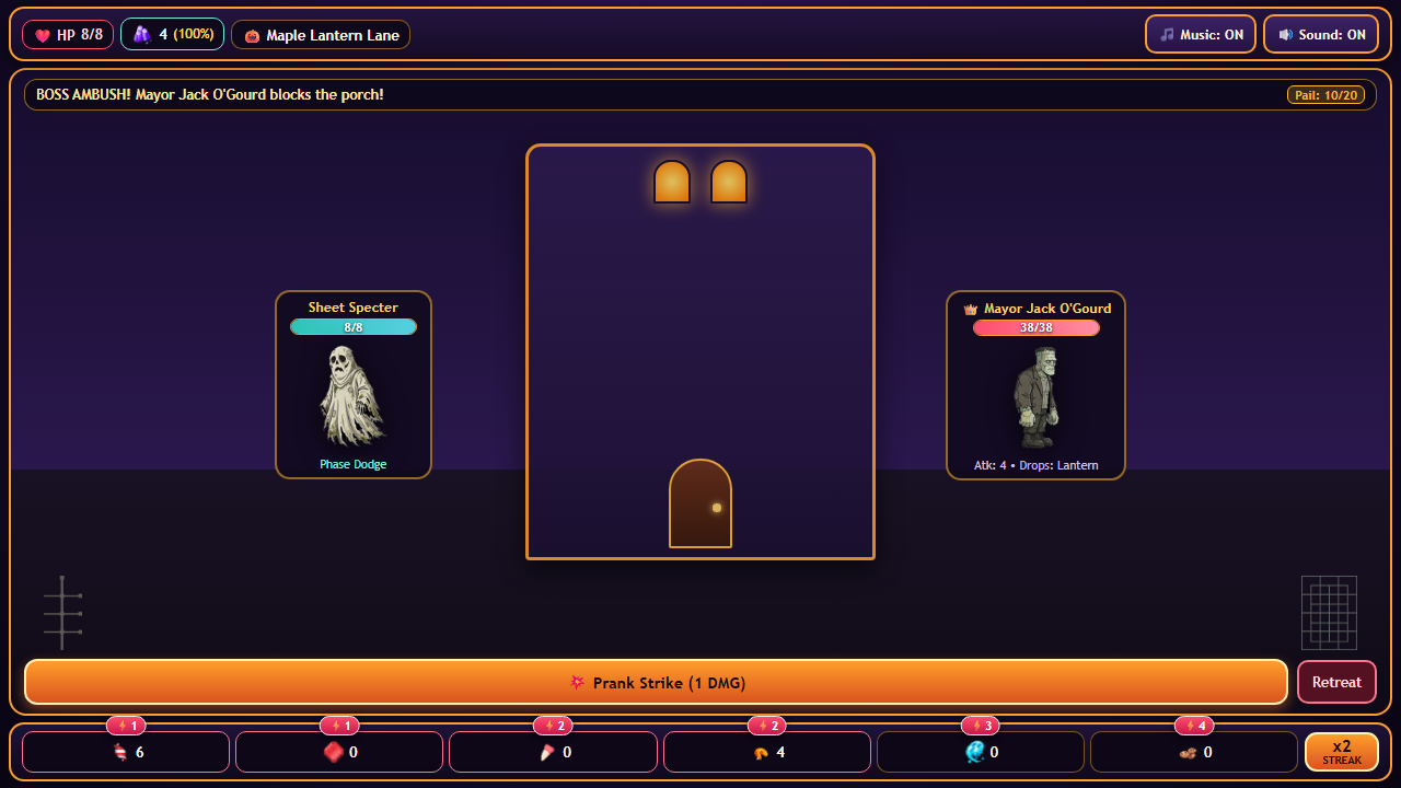 Trick-O-Treat street run and monster encounter with six candy skills, costume perks, and porch upgrades